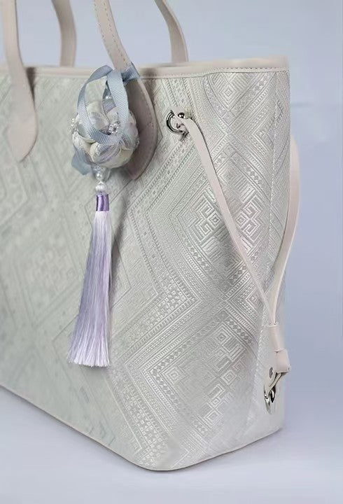 White Geometric Pattern Large Tote Bag -  Shaka Chinese Traditional Culture Store