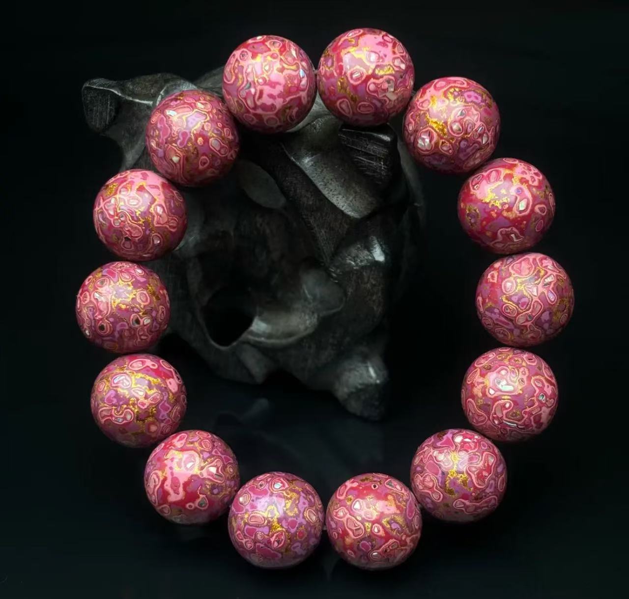 Pink Gold Purple Sandalwood Bead Bracelet 1.5